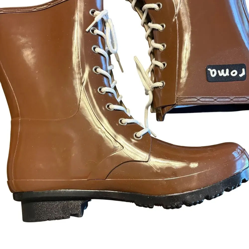 Roma Epaga Combat Mid Rain Boots 10 NWT Brown Mid Calf Wellies Lace Up